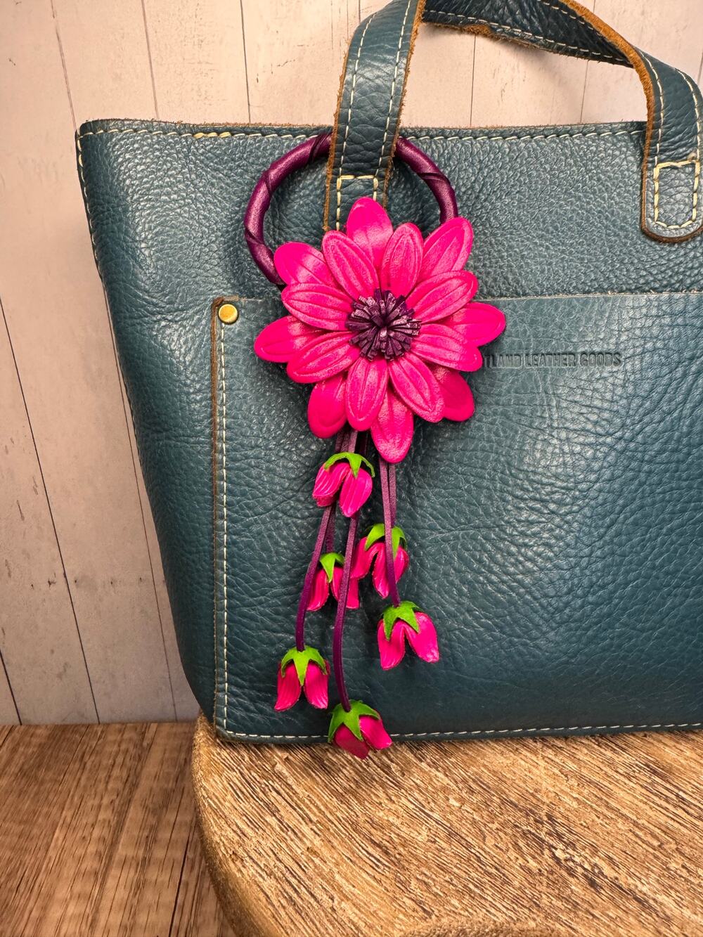 Genuine Leather Flower Purse Charm Hot Pink Daisy Flower Leather Bag Charm NEW!